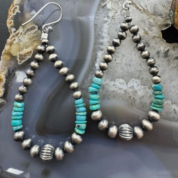Sterling 4-6.5mm Navajo Pearl Southwester Style&4mm Turquoise Bead Hoop Earrings - Picture 5 of 10